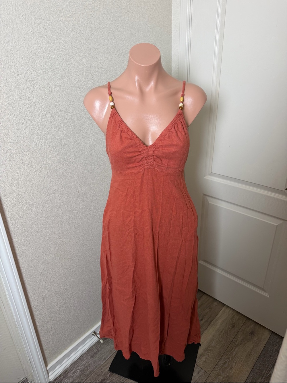 Universal Thread Rust Orange Linen Blend Spaghetti Strap Midi Dress